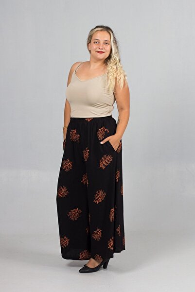 Truva XXL Plus Size Brown Patterned Wide Leg Woven Viscose Trousers – High Waist, Elastic