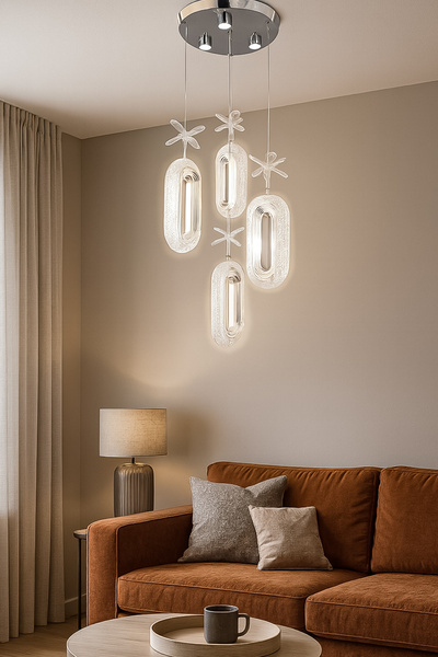 Fer Avize Doruk 4lü Modern Led Avize Krom Renk Kristal Görünüm Beyaz Işık Enerji Tasarruflu Salon Yemek Odası