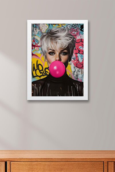 Saturn Pink Bubble Gum Balloon Exploding Woman Graffiti Framed Painting - Pop Art Poster Painting