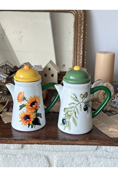 Handmadesign Kapaklı El Yapımı Seramik Sürahi Yağdanlık Ayçiçek ve Zeytinyağı...