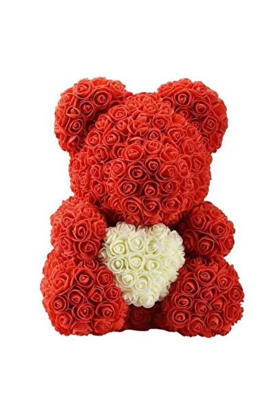 velve Red floral teddy bear with white heart made of Roses 40 cm, hand decorated, gift box, red-white