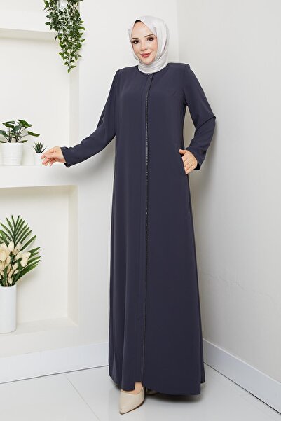 Günay Karaca Yazlık Tesettür Ferace Fermuarlı Büyük Beden Gri 2502