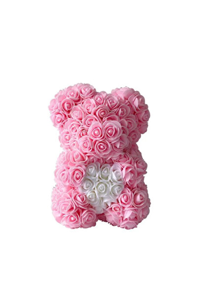 velve Ροζ λουλουδάτο αρκουδάκι με λευκή καρδιά από τριαντάφυλλα 25 εκ., χειρο...