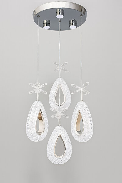 Fer Avize Arel 4lü Modern Led Avize Krom Renk Kristal Görünüm Beyaz Işık Enerji Tasarruflu Salon Yemek Odası