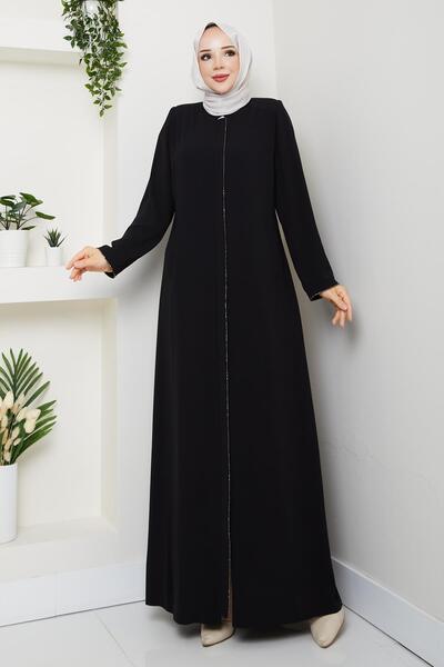 Günay Karaca Yazlık Tesettür Ferace Fermuarlı Büyük Beden Siyah 2502