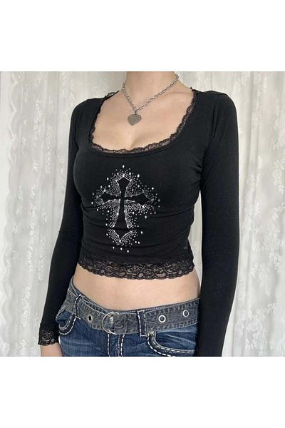 Toum Dorukhedıyelık Pointed Cross Printed Lace Lace Black Long Sleeve Blouse