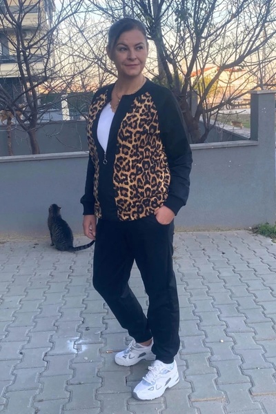 Mia Butik Plus Size Black Leopard Patterned Tracksuit Set