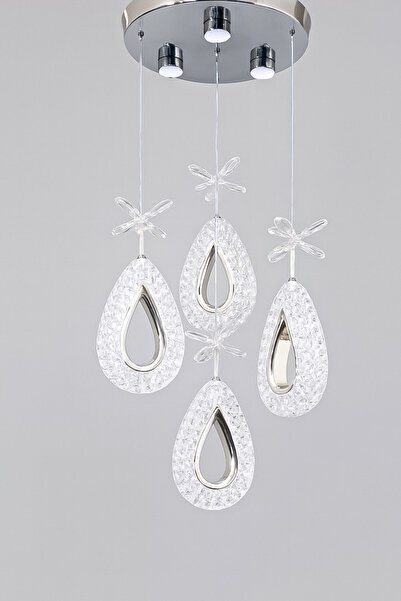 Fer Avize Arel 4lü Modern Led Avize Krom Renk Kristal Görünüm Beyaz Işık Enerji Tasarruflu Salon Yemek Odası