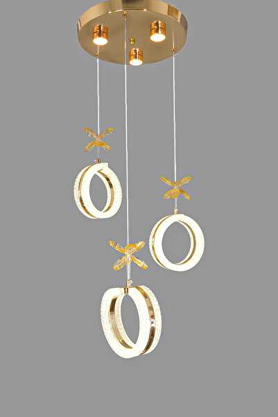 Fer Avize Ecrin 3lü Modern Led Avize Gold Renk Kristal Görünüm Gün Işığı Enerji Tasarruflu Salon Yemek Odası