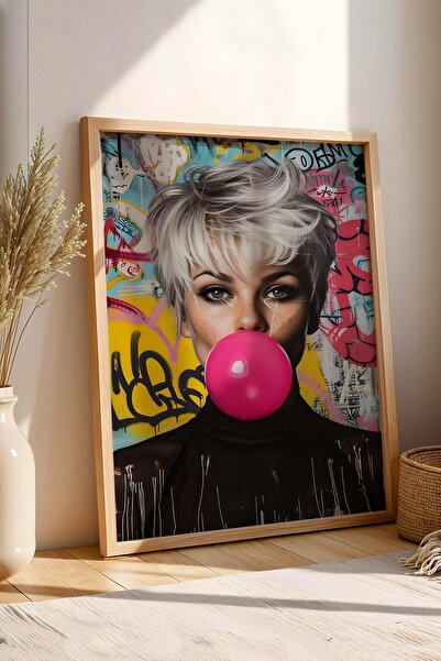 Saturn Pink Bubble Gum Balloon Exploding Woman Graffiti Framed Painting - Pop Art Poster Painting