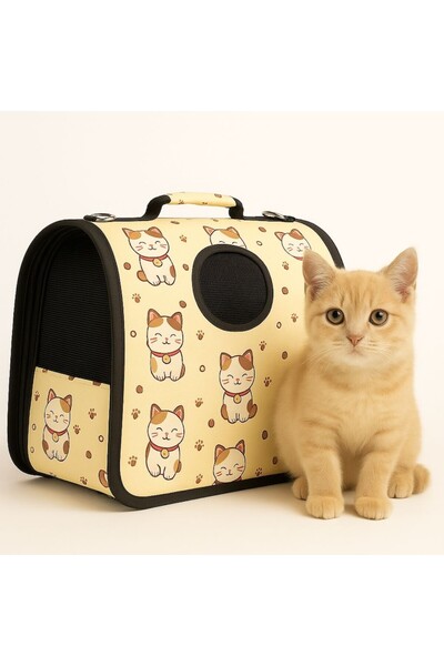 OEM Geanta de transport pentru animale – model pisicute norocoase, crem, 44x30x18 cm