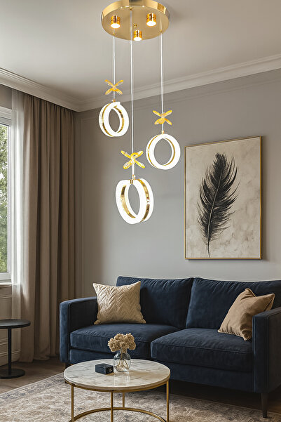 Fer Avize Ecrin 3lü Modern Led Avize Gold Renk Kristal Görünüm Gün Işığı Enerji Tasarruflu Salon Yemek Odası