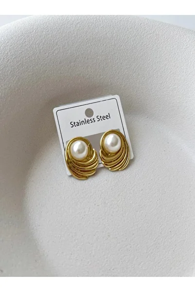 mos&more Classic Stylish Earrings with Stainless Steel Gold Pearl