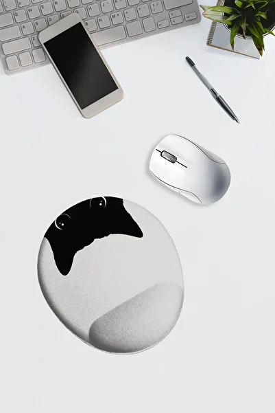 Dormot Modern Digital Printing - White Background Inverted Black Cat - Oval Wrist Supported Mouse Pad