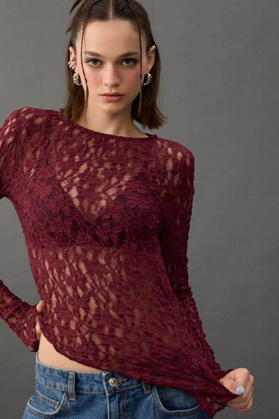 DeFacto Asymmetrical Boat Neck Lace Long Sleeve Burgundy Women Blouse F7650Ax...
