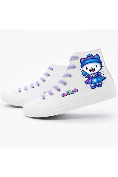 ECCAdesing Hallo Printed White Linen Children's Shoes and Sneakers with Blue Dress