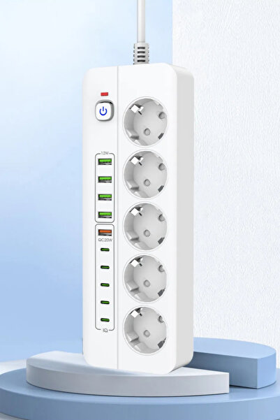 Yussraw PRO P13 3000W Akım Korumalı 5 Girişli Type-c ve USB Girişli Uzatmalı Grup Priz