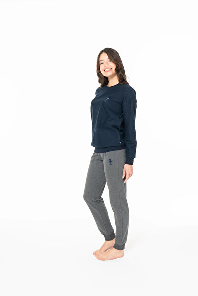 U.S. Polo Assn. Kadın Pijama Takımı, Cepsiz, Uzun Kollu, Bisiklet Yaka, Kol ve Paça Lastikli, Polo Nakışlı, Lacivert