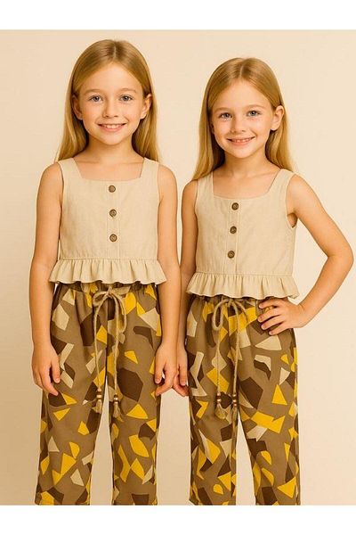 Zekids Girls' Suspender Blouse and Geometric Patterned Trousers Set