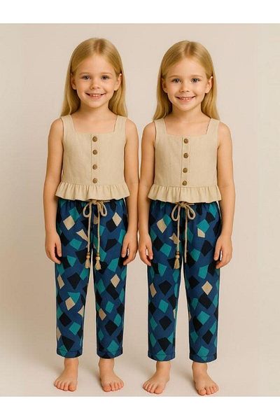 Zekids Girls' Suspender Blouse and Geometric Patterned Trousers Set