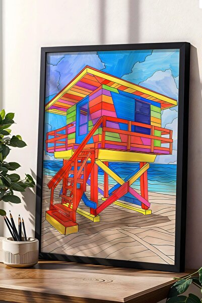 Saturn Colorful Lifeguard Cabin Framed Painting - Pop Art Poster Painting
