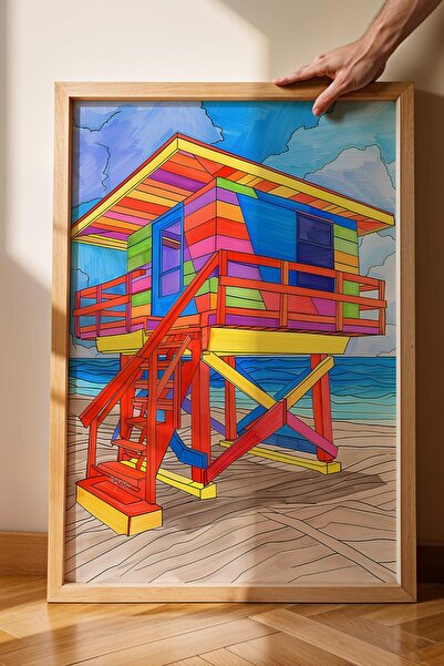 Saturn Colorful Lifeguard Cabin Framed Painting - Pop Art Poster Painting
