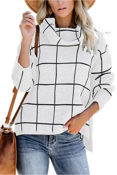 OEM Women's loose blouse, fine sweater, high collar, white plaid XL