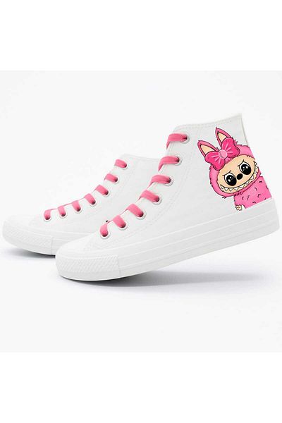 ECCAdesing Pink Labubug Printed White Linen Children's Shoes and Sneakers with Ribbon Buckle