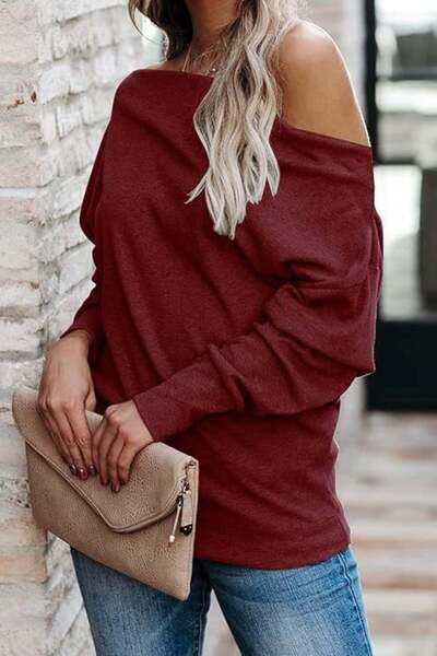 OEM Women's loose blouse, fine sweater, off the shoulders, burgundy L