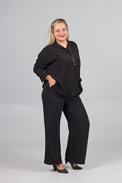Truva XXL Women's Clothing Crepe Fabric Black Shirt Pants Set