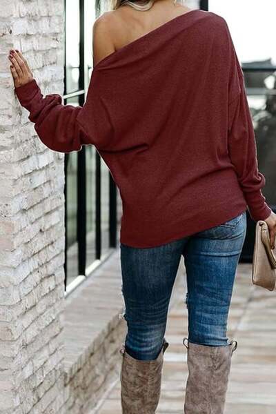 OEM Women's loose blouse, fine sweater, off the shoulders, burgundy L
