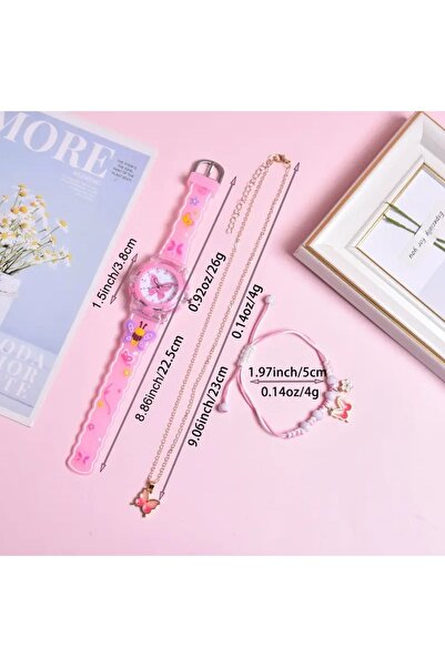 Efna Store Girl's Watch with 3 Led Lights, Pink Butterfly and Bee Cartoon, 1 Bracelet and 1 Necklace Combination,