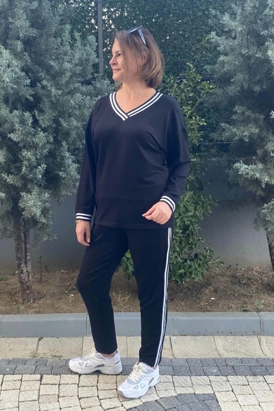 Mia Butik Plus Size Black V-Neck Sweatpants Set