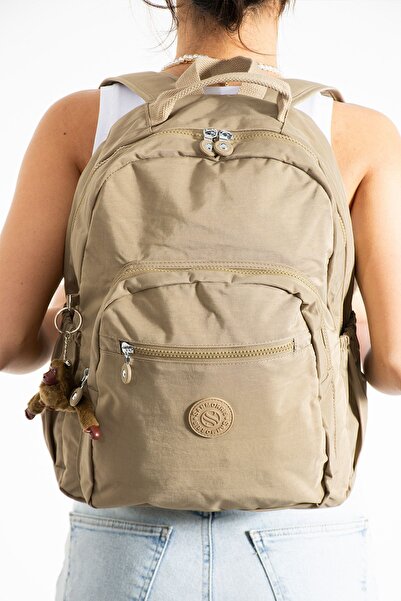 Çanta Trend Unisex Waterproof Crinkle Fabric Multi-Compartment Large Size Beige Color Laptop School and Backpack