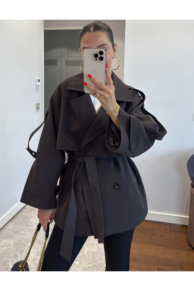 My Blog Dark Brown Oversize Off Shoulder Short Trench - 9580