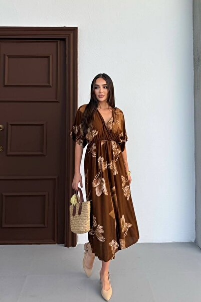 Mezka Kısa Kollu Beli Lastikli Desenli Midi Elbise