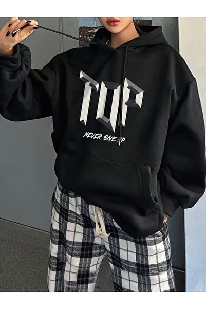 FUFLUNS TOP NEVER GİVE UP PRINTED OVERSIZE UNISEX FEMEI/BĂRBAȚI HANORACĂ CU G...