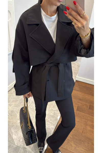 My Blog Black Oversize Off Shoulder Short Trench - 9580