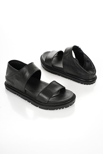 elvinshoes صندل زورا من الجلد الطبيعي باللون الأسود بحزام واحد