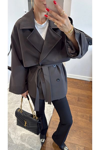 My Blog Dark Brown Oversize Off Shoulder Short Trench - 9580