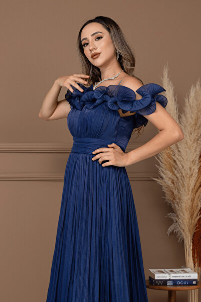 BEYBOS Şifon Kumaş Volan Detaylı Midi Elbise - LACİVERT