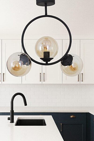 Taşcan Aydınlatma Evren 3 Lü Siyah Avize Bal Camlı Yatak Odası Mutfak Salon H...