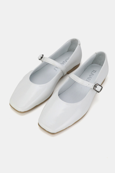 TUNAELLİ Women's White Patent Leather Genuine Natural Leather 36-41 Number Buckle Banded Ballet Ballet