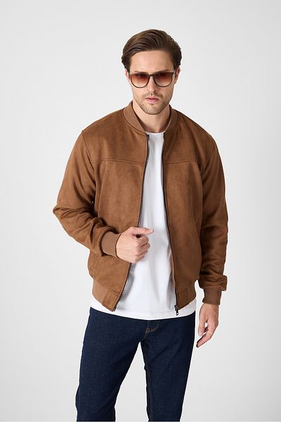 GEİO Men's Regular Fit Zippered Lined Nubuck College Jacket