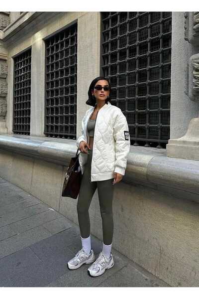 LORE MİEL Oversize Kapitone Bomber Mont - Ekru