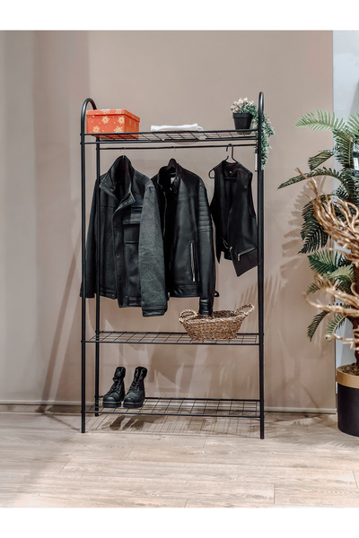 TOPRAK E-TİCARET Elit 3 Metal Portmanto Ayaklı Elbise Askısı 3 Raflı Dekorati...