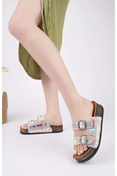 KCMN Feles Double Buckle Cork Sole Stone Detailed Women's Slippers White
