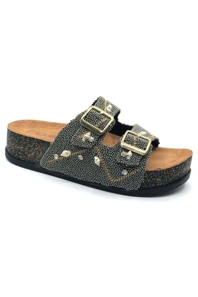 KCMN Feles Double Buckle Cork Sole Stone Detailed Women's Slippers Platinum