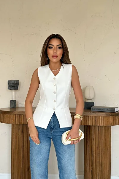 369 etnik butik Buttoned Plain Collar Sleeveless Vest