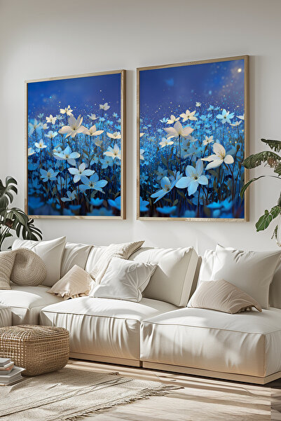 STARYUNA Set de pictură dublă cu flori de bujor alb în tonuri albastre cu ram...